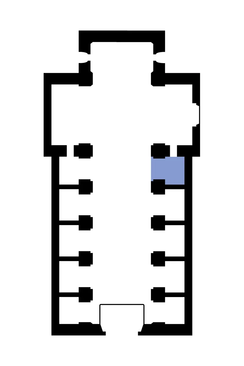 Ubicación de la capilla de la Virgen de la Soledad (actual Mayor Dolor), en el lado de la epístola. Plano: El Sanluquilla.