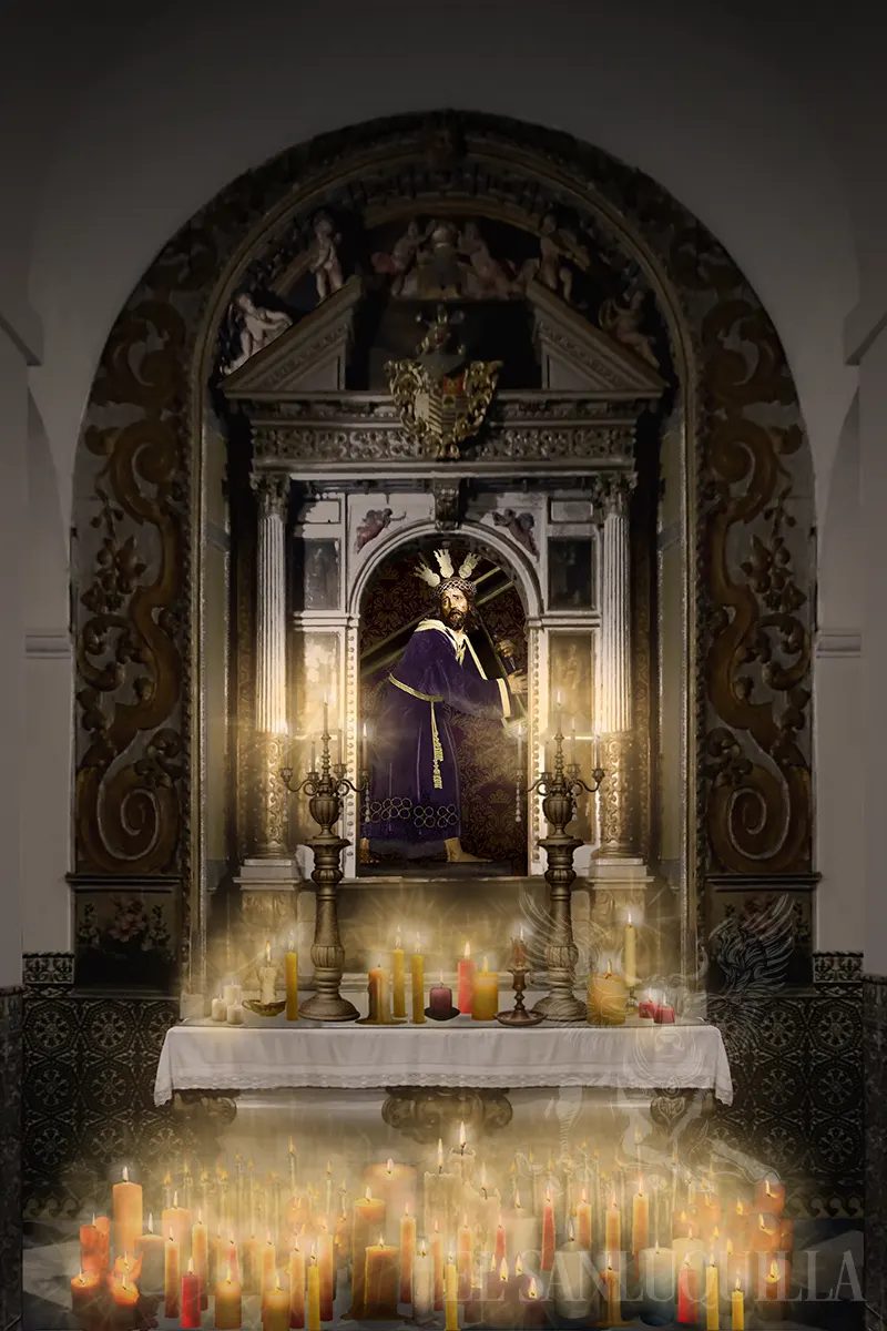 Recreación de cómo se vería originalmente la capilla de Nuestro Padre Jesús del Consuelo en la iglesia del Carmen. Montaje: Domingo Lagomazzini.