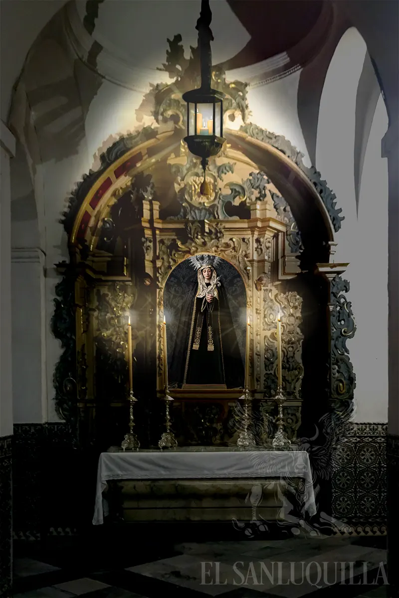 Recreación de cómo se vería originalmente la capilla de la Soledad (actual Mayor Dolor) en la iglesia del Carmen. Foto de la Virgen: Javier Guisado. Montaje: Domingo Lagomazzini.