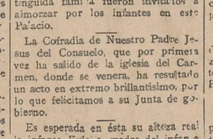 Consuelo Sanlúcar El Correo de Andalucía 1928 Recorte de prensa mencionando la primera salida procesional del Consuelo de Sanlúcar. El Correo de Andalucía (jueves 5 de abril de 1928).