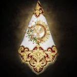 Guión de la bendición de María Santísima del Rocío en tisú de plata y terciopelo burdeos combinando bordados en oro y sedas (Ildefonso Jiménez, 2018). En el centro reproduce el logotipo de la bendición de la Virgen diseñado por Alesco. Foto extraída de las redes sociales de la Hermandad de la Tercera Caída.